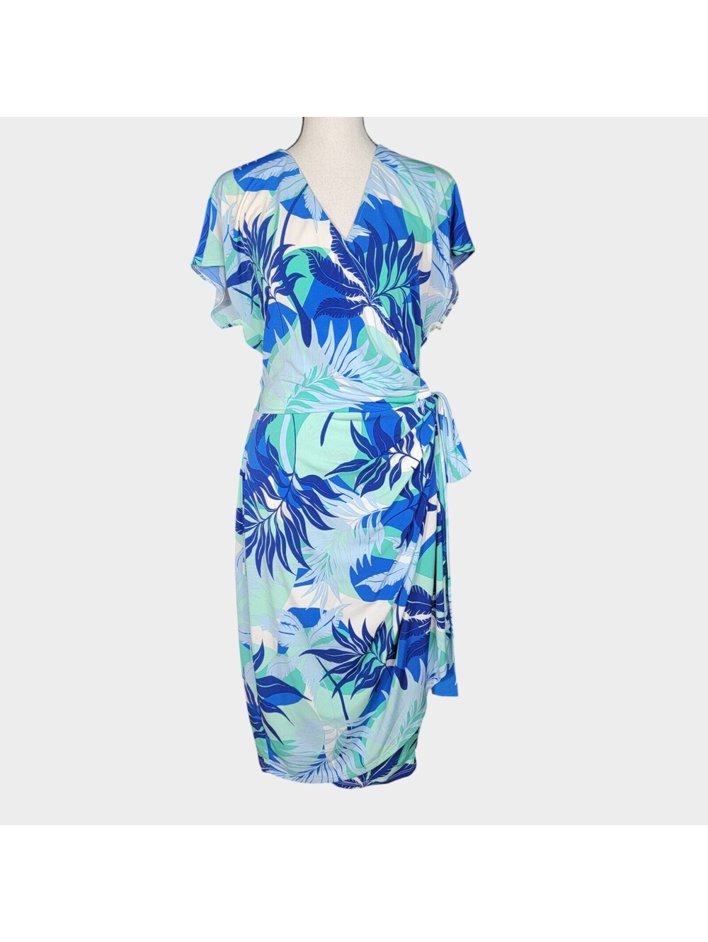 Maggy London NWT Wrap Dress Womens 14 Matte Jersey Tropical Palm Blue Flutter